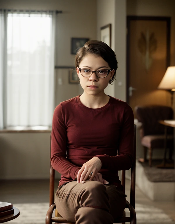  woman,in a room, short hair,glasses,david fincher lighting style, wearing red shirt,pants, tatiana maslany, 35 year old woman, sitting on chair 