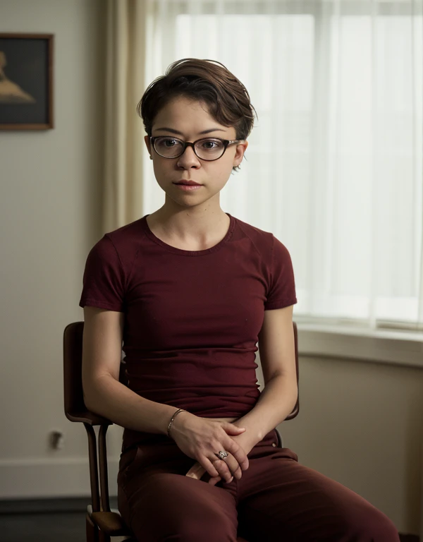  woman,in a room, short hair,glasses,david fincher lighting style, wearing red shirt,pants, tatiana maslany, 35 year old woman, sitting on chair 