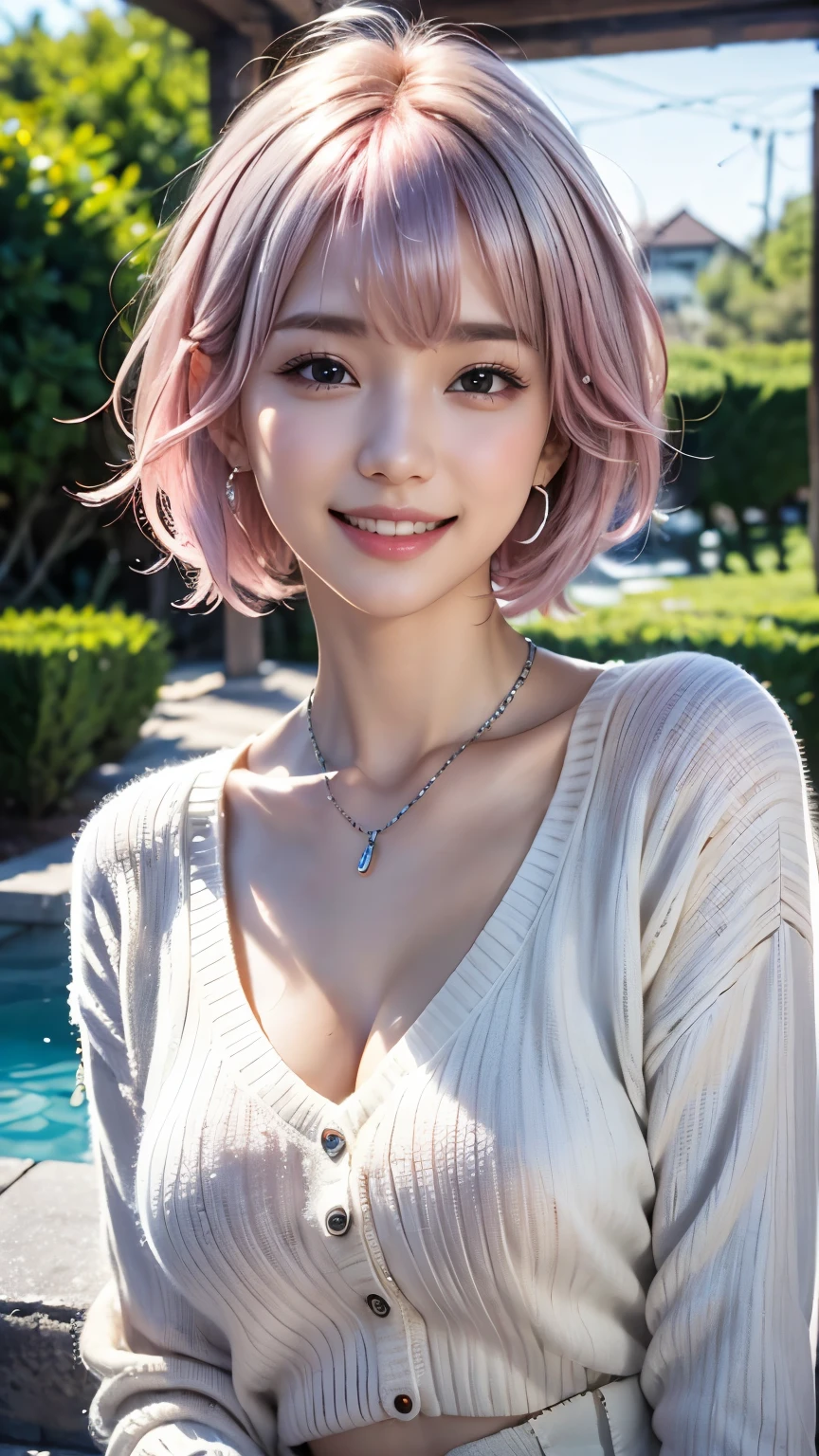 (8k, highest quality, masterpiece:1,2), (Realistic, Photorealistic:1.37), Super Detail, One Girl,), (Very detailedな), (Beautiful and detailed eyes), (highest quality), (Very detailed ), (masterpiece), (Detailed face),20-year-old, ,1 girl, ((Pink Hair,Very short hair)), Dressed, Perfect lighting, (White sweater:1.2), (Silver earrings:1.1), (Silver Necklace:1.1) Cut the left bangs, Pin on right ear, smile, Teeth are visible, Eyes staring at the camera, put one's right hand in one's coat pocket, Place your left hand on your hip, Put your right foot forward, The left leg is bent, Urban background, Dark colors, Contrast, Evening Light, Light from the left, Right Shadow, Coat and tights texture,head shot