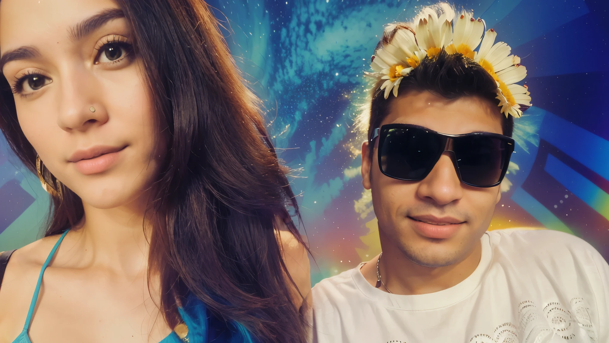 there are two people posing for a photo together, imagem de perfil, arte digital. @mariomaniacdude, ((supersaturado)), arte digital!!, powder Nándor Katona, foto realista, imagem de qualidade muito baixa, foto do snapchat, muito definido, Desfoque de fundo, foto de perfil, 🌻🎹🎼, feito com photoshop