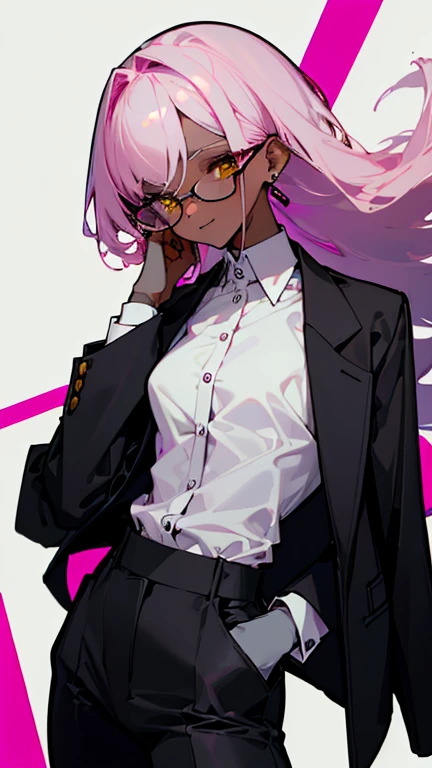 (highest quality、masterpiece:1.2) 1 Female、adult、((Dark skinned women、Hair over the ears)), (white hair), pink hair, mixed hair color, (long hair), short hair, yellow Eyes、small Glasses、((Black business suit、Black tailored jacket、White shirt、Black pantsuit)), (Malicious smile), sharp eye, clothe lift, Small earrings,