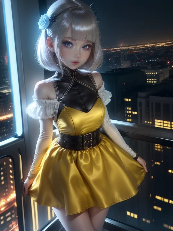 One Woman、Yellow Dress、Gray Hair、((blue eyes))、Captivating eyes、Night view