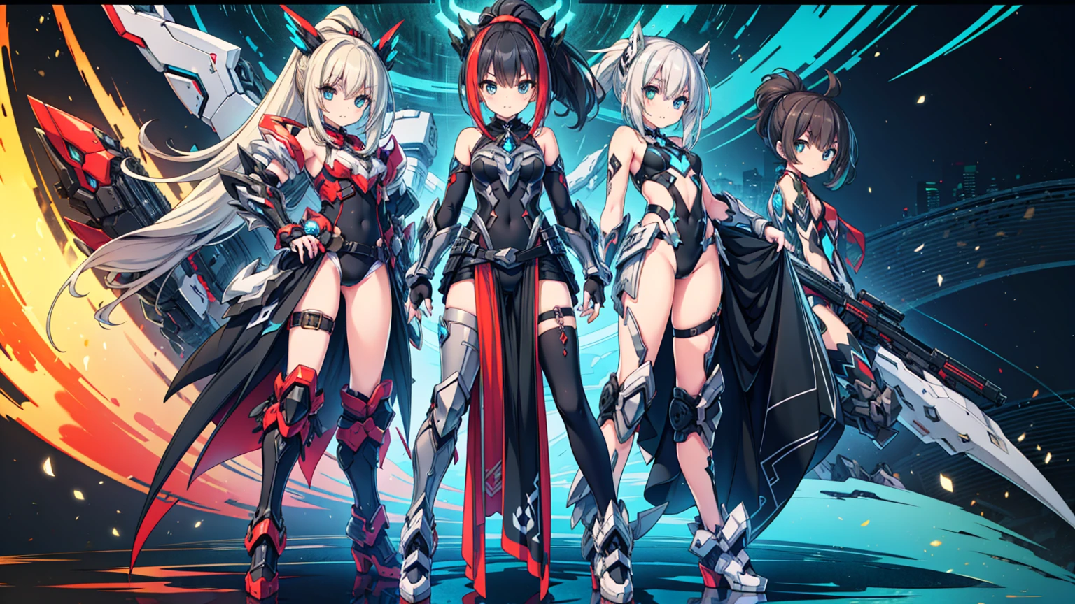 masterpiece, best quality, absurdres, 3 girls (((full body))), standingn, lots of clothes,three character, mecha armored girl, (dark skin), a mix of tech and tribal, Black hair with a ponytail, Light Blue eyes, and a Light Blue frame, ((Black Metallic Gauntlets and Greaves with Red and Silver Highlights)), (((The Clothes have a Mix of Modern and Tribal))), mostly black, but with parts in red, Shoulders on Display, On the hip, a short that extends to mid-thigh in black, full body