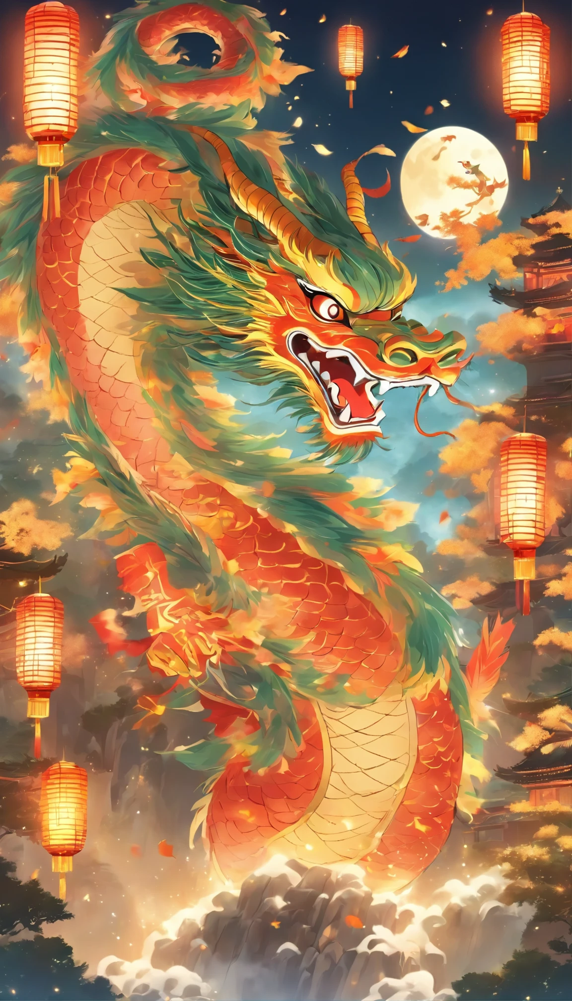 Mid-Autumn Festival、Full Moon、A Chinese dragon is in the sky,Only Dragon,moon,Star、The lights will turn on、fireworks、deliver、celebrate、environment、square、Bamboo Lantern、night、celebrate、art on、equipment、Deco、resource,High definition resolution