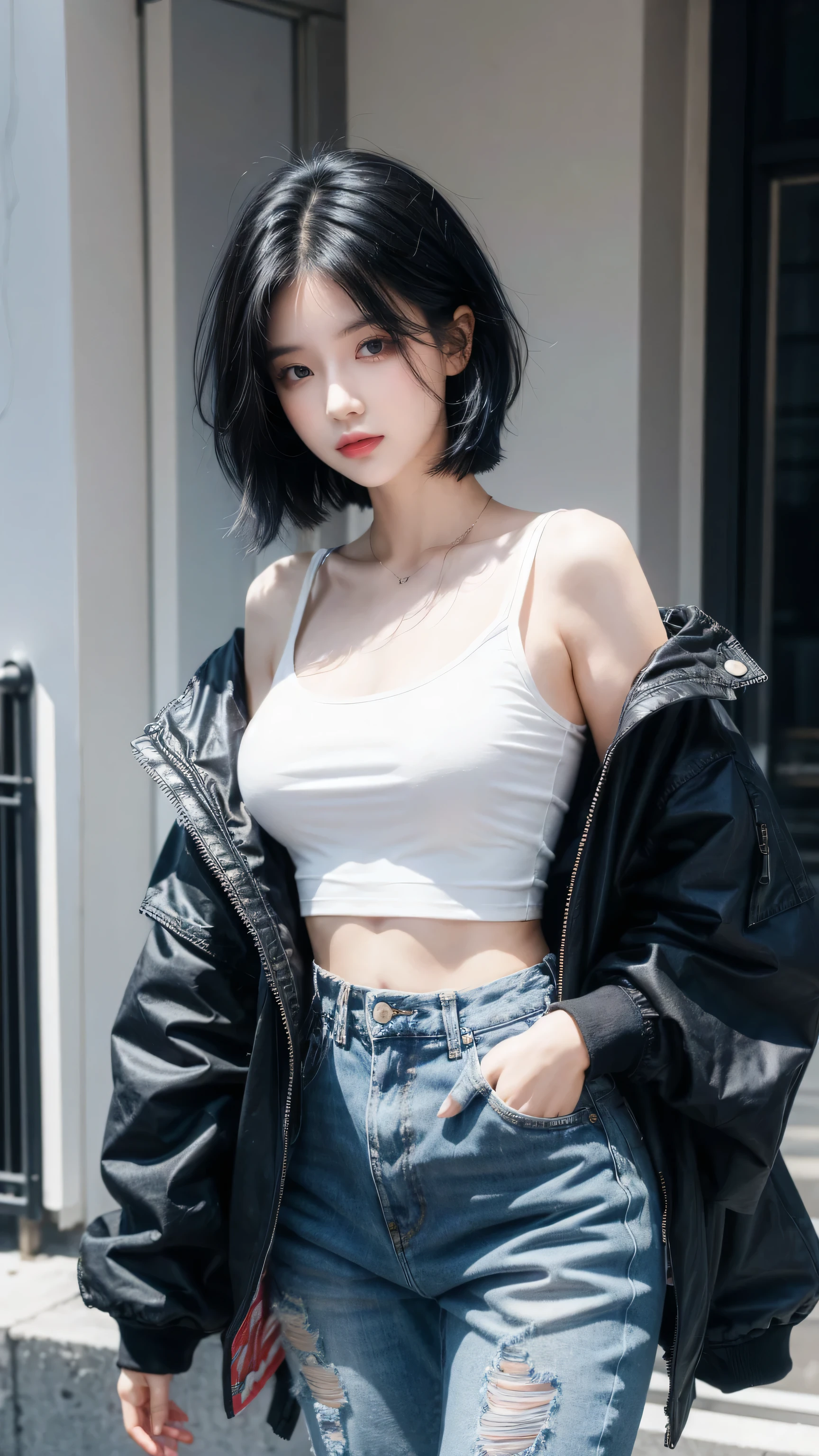 best quality, 1 Girl, dark blue hair, black eyes, Very short hair, Spiky hair, oversize t-shirt, jacket jeans, High waist jeans, 171 cm, Messy hair, Hair between the eyes, Medium breasts, full, Tomboy, aldult, 20 years old, 1 Girl