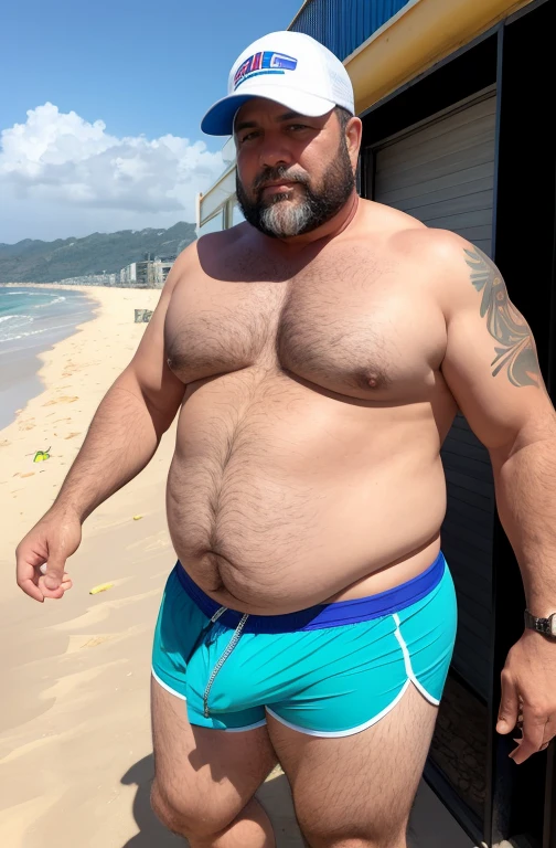 He is running on the beach, plump, chubby, extremely thick thighs, large belly, wearing only green swim trunks. He doesn't wear a shirt.muito barbudo. 56 anos.apana 1 umbigo. Barriga detalhada. Segurando vara de pesca. Ele veste colete de pescador. wearing cap. Homem barbudo gordo e sexy de 50 anos,cheio de suor,corpo todo,barriga grande, barba branca, fios brancos,((Vestindo uma camisa branca e cueca box vermelho, capacete de engenheiro)),rosto atordoado,Abra as pernas,in the background a building under construction and machines for building construction, vista de baixo, luta livre, uniforme de engenheiro, construtor. Api. detalhado, gesticulando para o expectador fotografia de Corpo completo imagem de corpo inteiro.