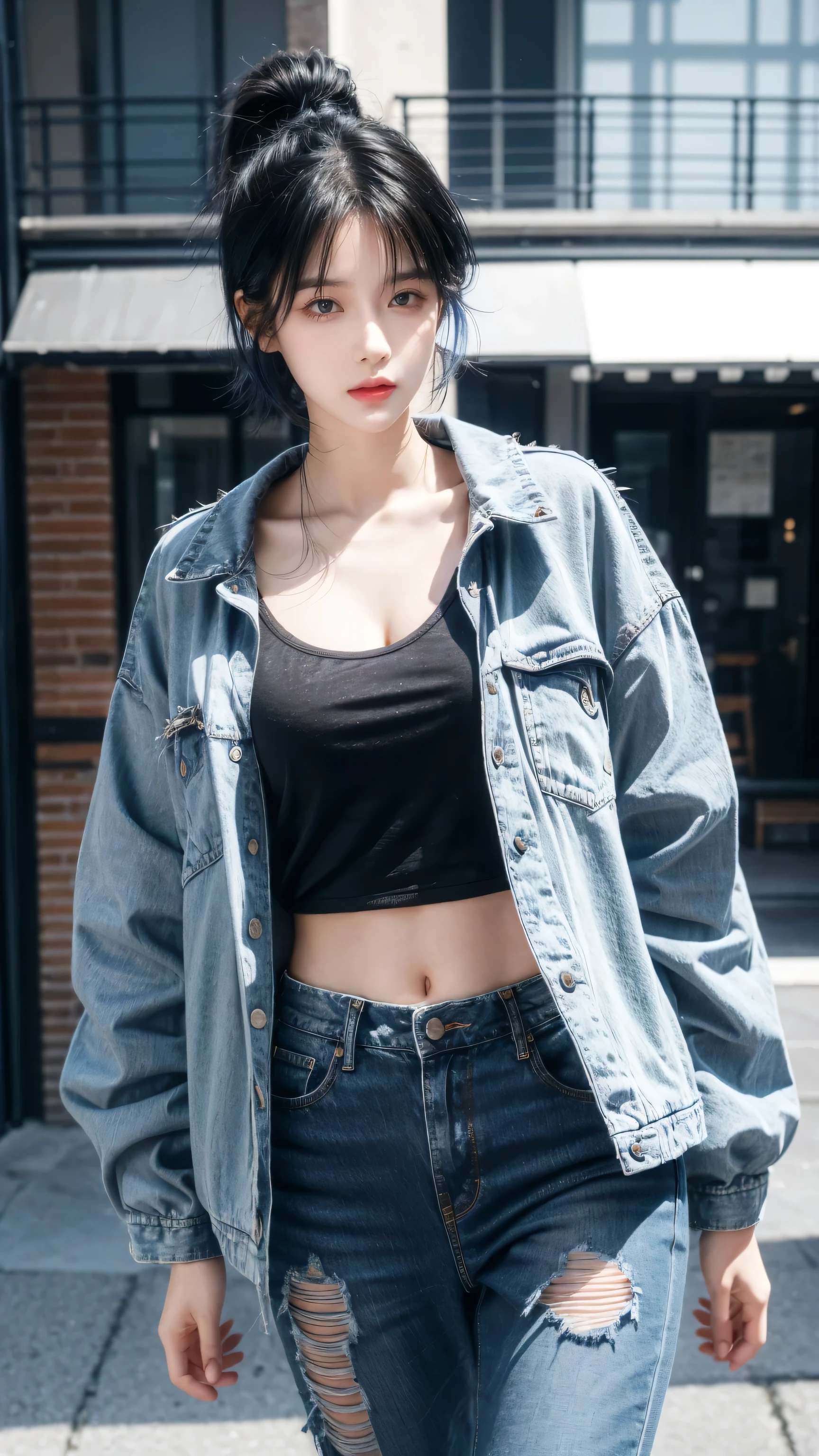 best quality, 1 Girl, dark blue hair, black eyes, Very short hair, Spiky hair, oversize t-shirt, jacket jeans, High waist jeans, 171 cm, Messy hair, Hair between the eyes, Medium breasts, full, Tomboy, aldult, 20 years old, 1 Girl