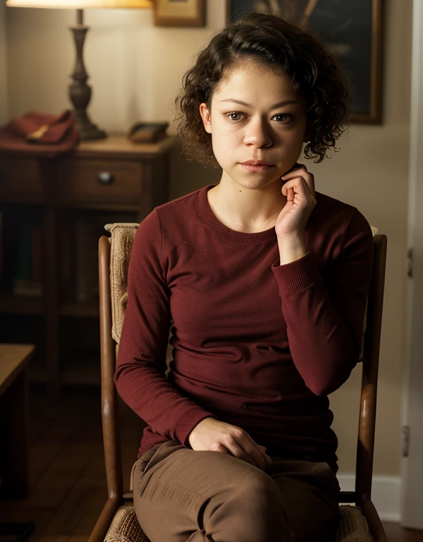  woman, in a room, curly hair, david fincher lighting style, wearing red shirt,pants, tatiana maslany, 35 year old woman, sitting on chair 