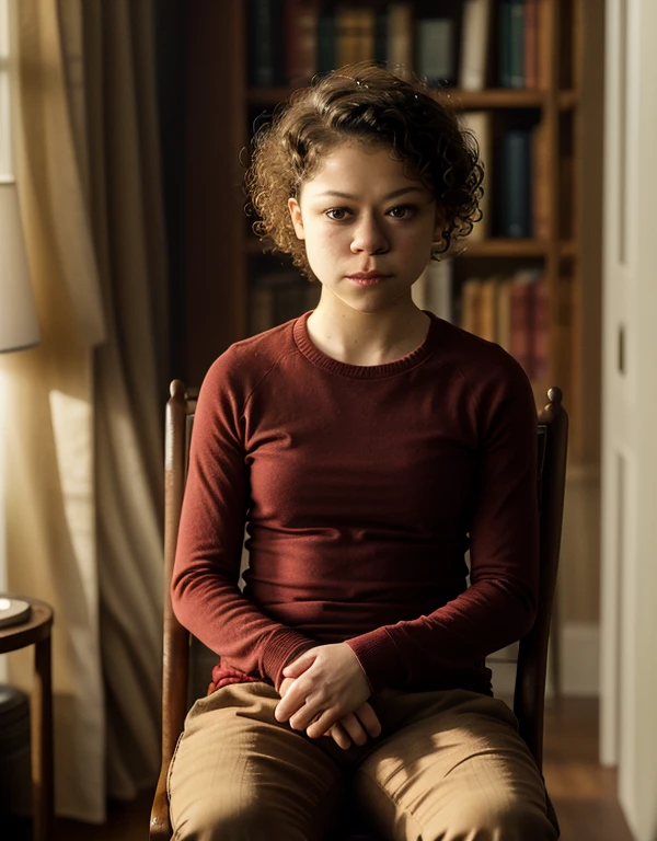  woman, in a room, curly hair, david fincher lighting style, wearing red shirt,pants, tatiana maslany, 35 year old woman, sitting on chair 