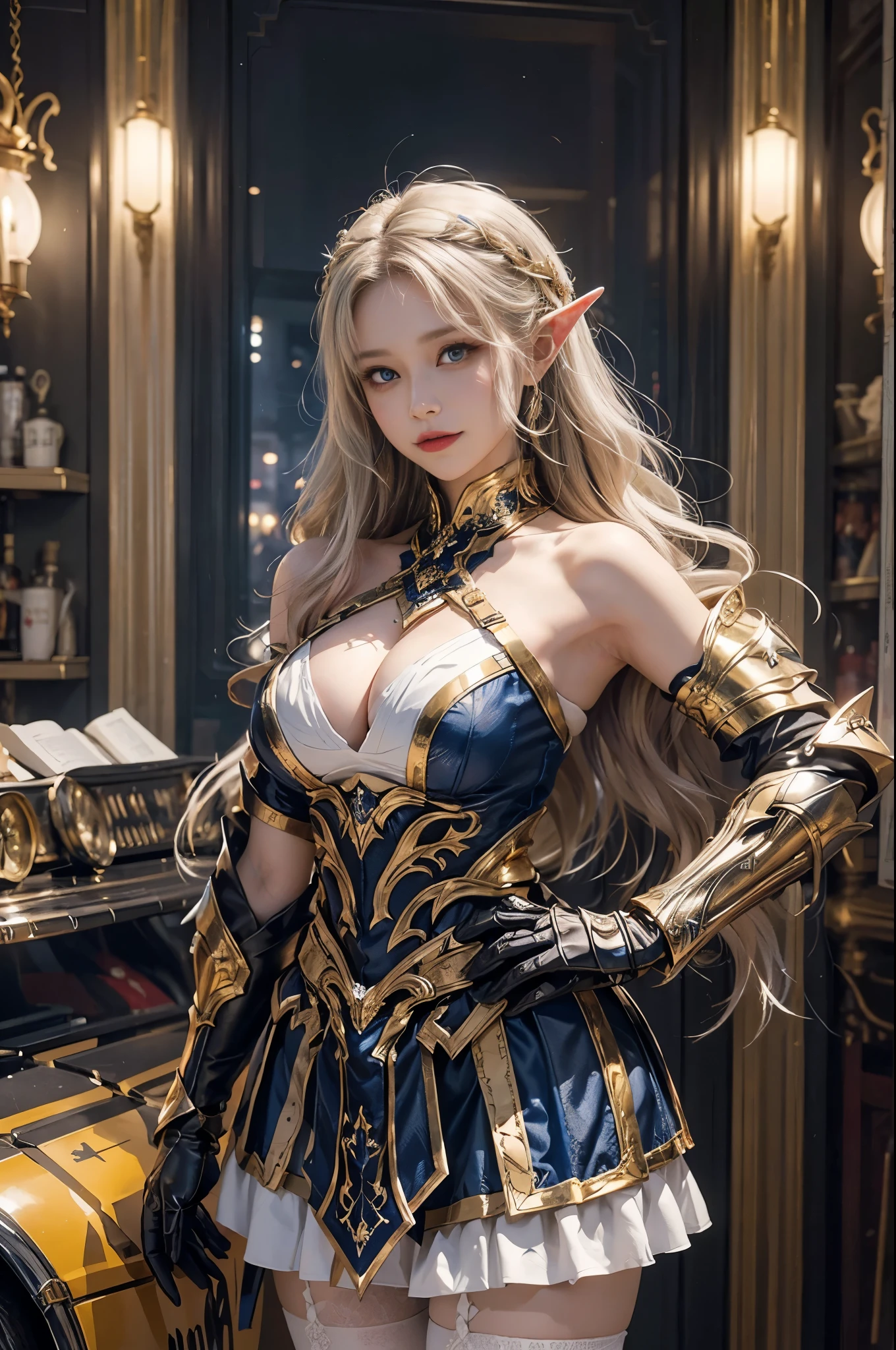 (8K, Raw photography, top-quality, masterpiece:1.2), One elf Woman、girl at the age of 18,fullllbody.{scinematic angle、Wide Angle、Don't split the screen、}(Realistic Skins 1.4)、(valkyrie、Valkyria)、(((Western knights、Plate armor covering the whole body、Metal armor、nffsw)))、(royal blue above knee skirt with golden trim) 、(((Sky with light、Asgard))、50mm Lens、30mm film、wide angles、(long、)、(A waist long straight blonde-haired)、blue eyes、shinny skin、beautiful detailed hair、cheerful smile, Beautiful delicate face、Beautiful delicate eyes、{huge chest、perfect tits, muscular body、}、(standing:1), bare shoulder, tight-high white stocking with golden-trim, (white:1) above elbow armhose and glove,