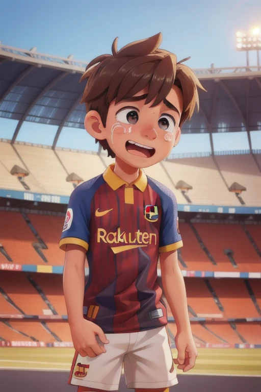 A Barcelona fan boy crying inside the stadium 