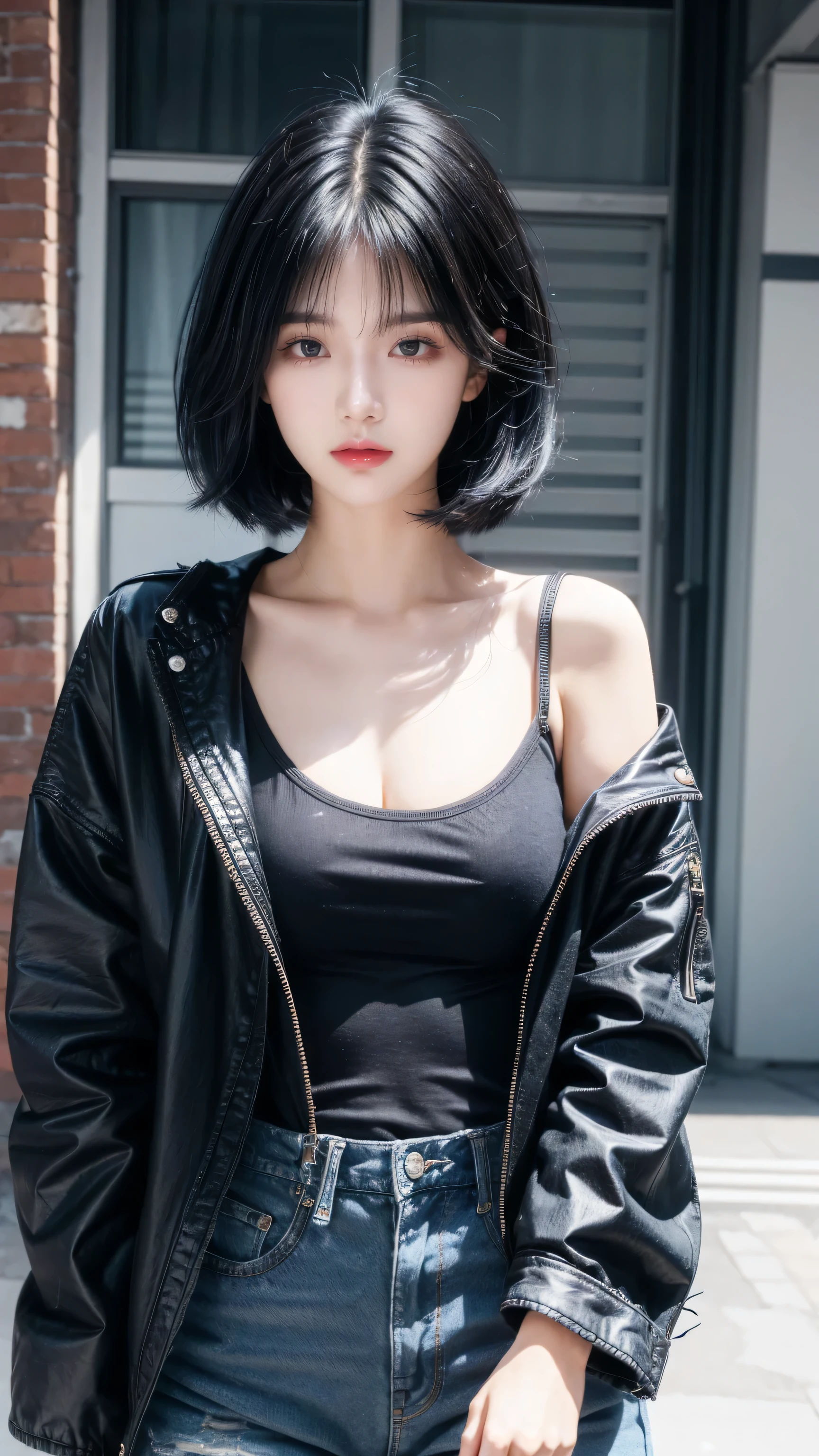 best quality, 1 Girl, dark blue hair, black eyes, Very short hair, Spiky hair, oversize t-shirt, jacket jeans, High waist jeans, 171 cm, Messy hair, Hair between the eyes, Medium breasts, full, Tomboy, aldult, 20 years old, 1 Girl