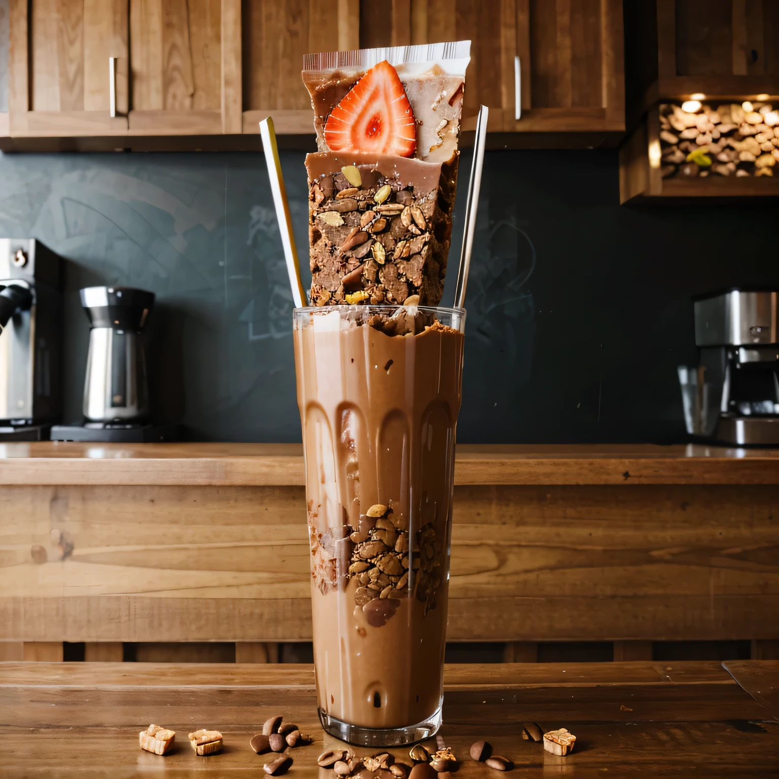 Nutritious bar with strawberry pieces with coffee 