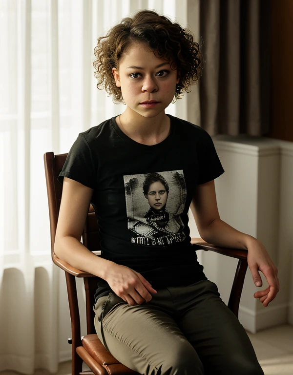  35-year-old-woman, in a room, curly hair, david fincher lighting style, Women's T-shirt, pants, tatiana maslany, , sitting on chair 