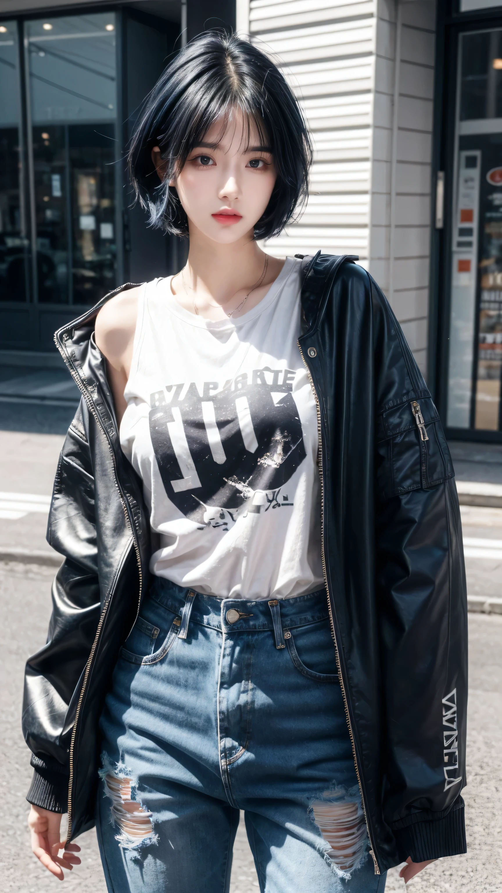 best quality, 1 Girl, dark blue hair, black eyes, Very short hair, Spiky hair, oversize t-shirt, jacket jeans, High waist jeans, 171 cm, Messy hair, Hair between the eyes, Medium breasts, full, Tomboy, aldult, 20 years old, 1 Girl