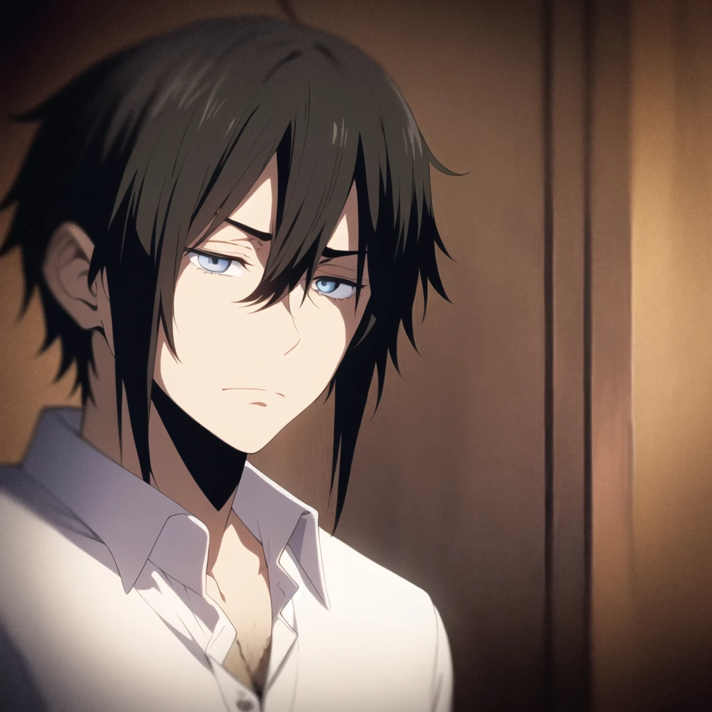 Homem, Cabelo preto, olhos roxos, camisa preta, bored, calm appearance,