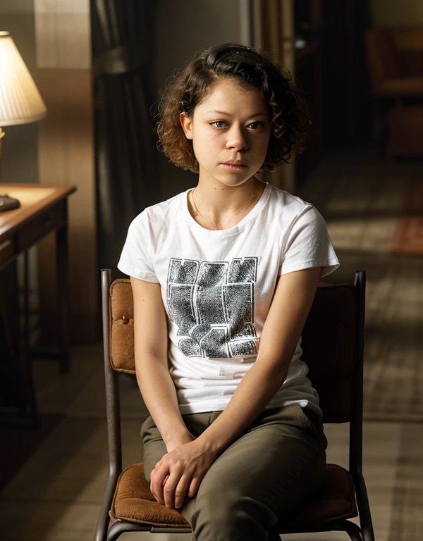  35-year-old-woman, adult face, in a room, curly hair, david fincher lighting style, Women's T-shirt, pants, tatiana maslany, , sitting on chair 