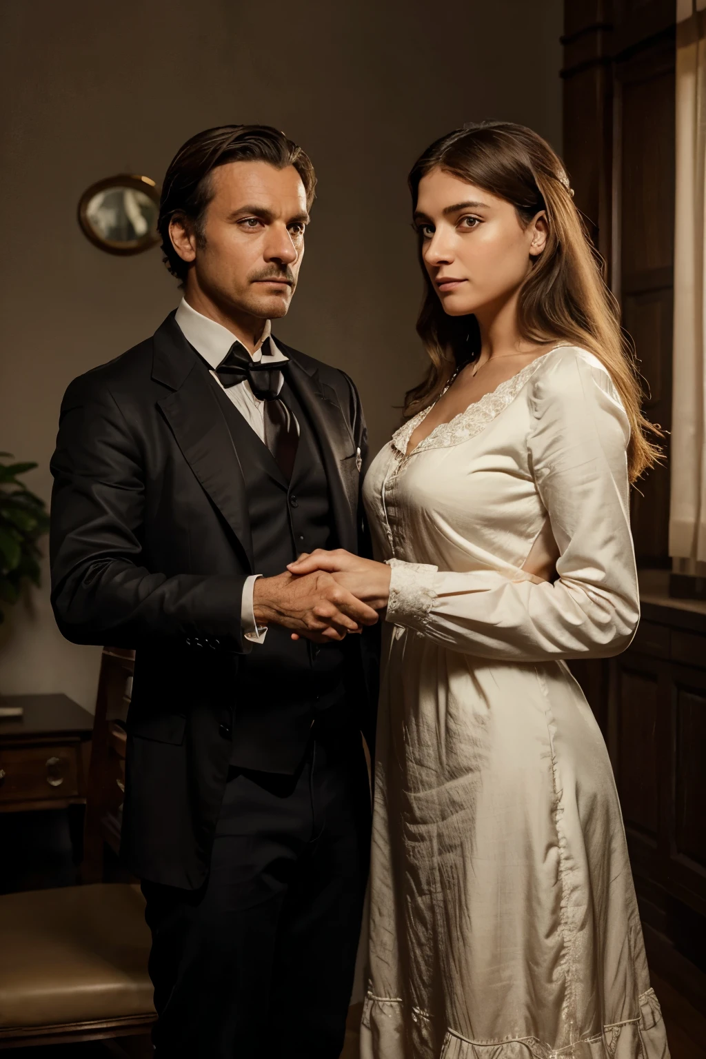 I want a realistic image where there are two hands shaking hands, uma mulher e um homem, quero que o ambiente de fundo tenha algo a ver nos anos 1800 e que ambos as pessoas tenha alguns detalhes dessa epoca tbem