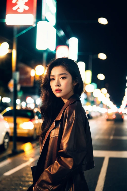 (Cinematic aesthetics:1.4) Bokeh photo of a beautiful Korean fashion model in the city at night