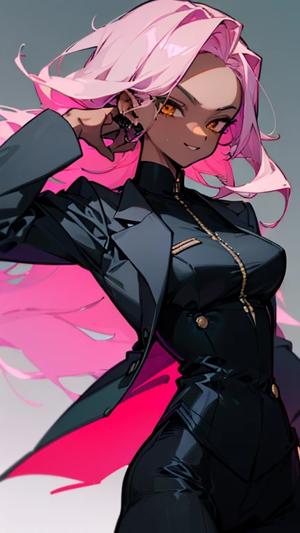 (highest quality、masterpiece:1.2) 1 Female、adult、((Dark skinned women、Hair over the ears)), light pink hair, blue hair, yellow Eyes、(small Glass)、((Black business suit、Black tailored jacket、White shirt、Black pantsuit)), (Malicious smile), sharp eye, under , Small earrings, Shoulder-length hair, Triangular bangs, Hair on the sides that is different length,