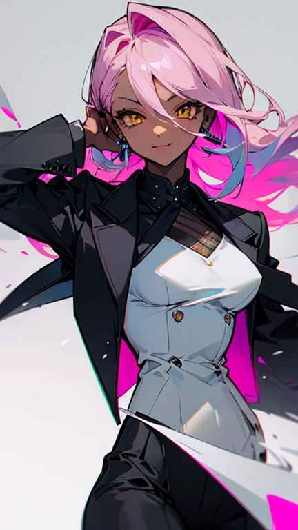 (highest quality、masterpiece:1.2) 1 Female、adult、((Dark skinned women、Hair over the ears)), light pink hair, blue hair, yellow Eyes、(small Glass)、((Black business suit、Black tailored jacket、White shirt、Black pantsuit)), (Malicious smile), sharp eye, under boob, Small earrings, Shoulder-length hair, Triangular bangs, Hair on the sides that is different length,