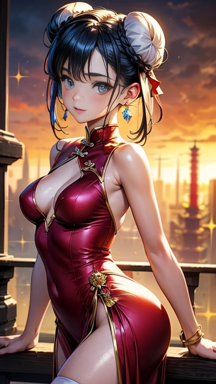 (((highest quality)), ((masterpiece)), (Very detailed), (Very high resolution), (Beautiful detailed sparkle))), ((Realistic)), 
8k, (Anime Style), Anime 2D Rendering, Realistic young anime woman, 

(((One Woman))), 
(Symmetrical facial features:1.4, Perfect Face), Beautiful clavicle, (Beautiful fingers), (((Beautiful breasts, Slightly smaller chest))), 
Beautiful body, Beautiful thighs, Beautiful feet, Perfect round butt, (((Detailed skin, Textured skin, Beautiful shiny white skin))), 
BREAK 

(, cute, 18-year-old), 
Double eyelids, Natural eyebrows, Long eyelashes, 
(Expression of fine eyes, Beautiful and delicate eyes, Sparkling eyes, twinkle in the eyes, blue eyes), 
(Beautiful Nose,Thin Nose), 
(Glossy Lips, Beautiful Lips, thick lips), 

(Beautiful Hair, Shiny Hair, Shiny Hair), Hair fluttering, (Blue Hair), (((Double bun hairstyle))), 
BREAK 

(Red Chinese Dress:1.4、Tight Dress、Red long dress with slit)、(Black knee-high stockings、High heels), Earrings、choker、 
BREAK 

(laughing), (whole body、Character portrait)、((sunlight、Chinatown))

