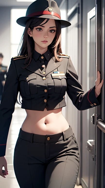 Woman in prison, crop top warden uniform, open navel, open belly, low rise, 35 year old, military helmet, walking around the prison 