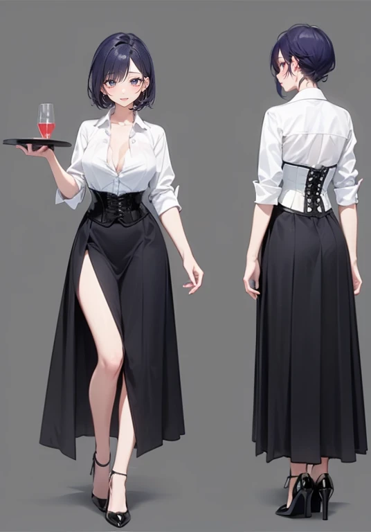 Purple hair,short hair,Adult female,(bartender),((Roll up your shirt sleeves)),(Rolling up the sleeves of his shirt),(corset),(skirt),(High heels),((Simple Background)),smile,((whole body)),((full body)),Character Sheet,