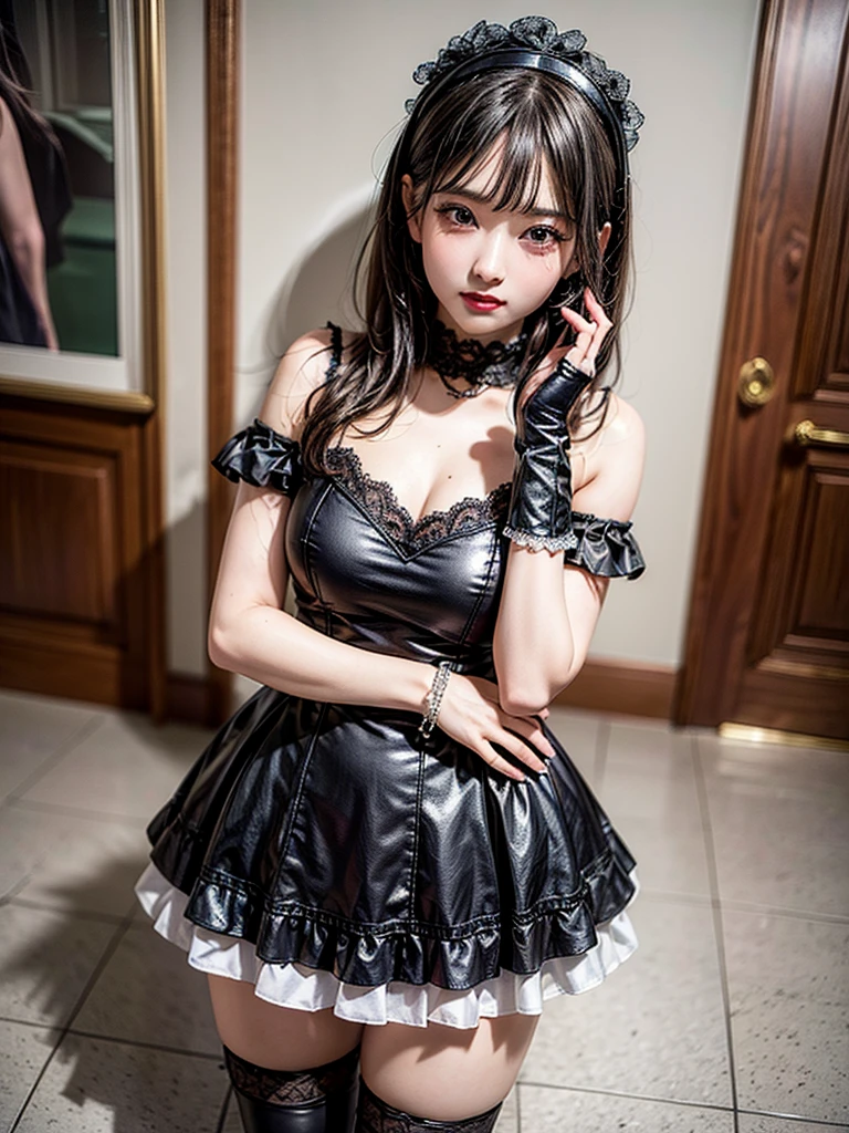 Accurate depiction with high resolution,(8K, Photorealistic, Raw photo, of the highest quality: 1.3), (1girl in), Super beautiful, (Realistic face), (boyish, Silver Color Berry Shorthair), Beautiful , Glare that captivates the viewer, Beautiful expression, Beautiful breasts, (Realistic skin), Be...Super high quality, super high definition, super detailed, masterpiece, 20years old, female, cute, perfect face, beautiful, nice body, gothic lolita clothes, gothic lolita fashion, frilly skirt, headdress, necklace, bracelet, knee-high socks, boots, double eyelids, tear bags, Detailed down to the fingers, photo-like description, indoors, dim indoor lighting, black hair, semi long, standing, whole body, composition that shows the whole body, smiling
