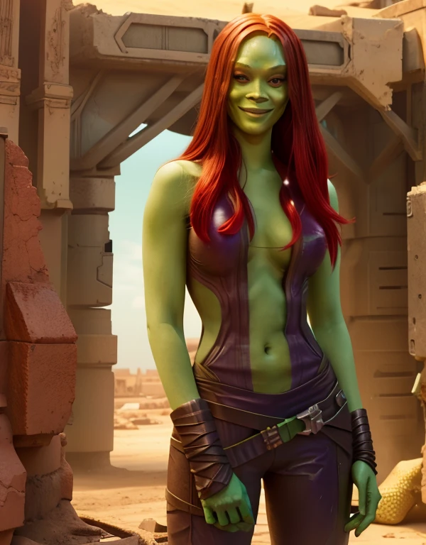 Gamora, watching_viewer, huge_breasts, (high_detail, intricate), face_focus, wasteland_ruins, red_hair, nude body, smiling, 