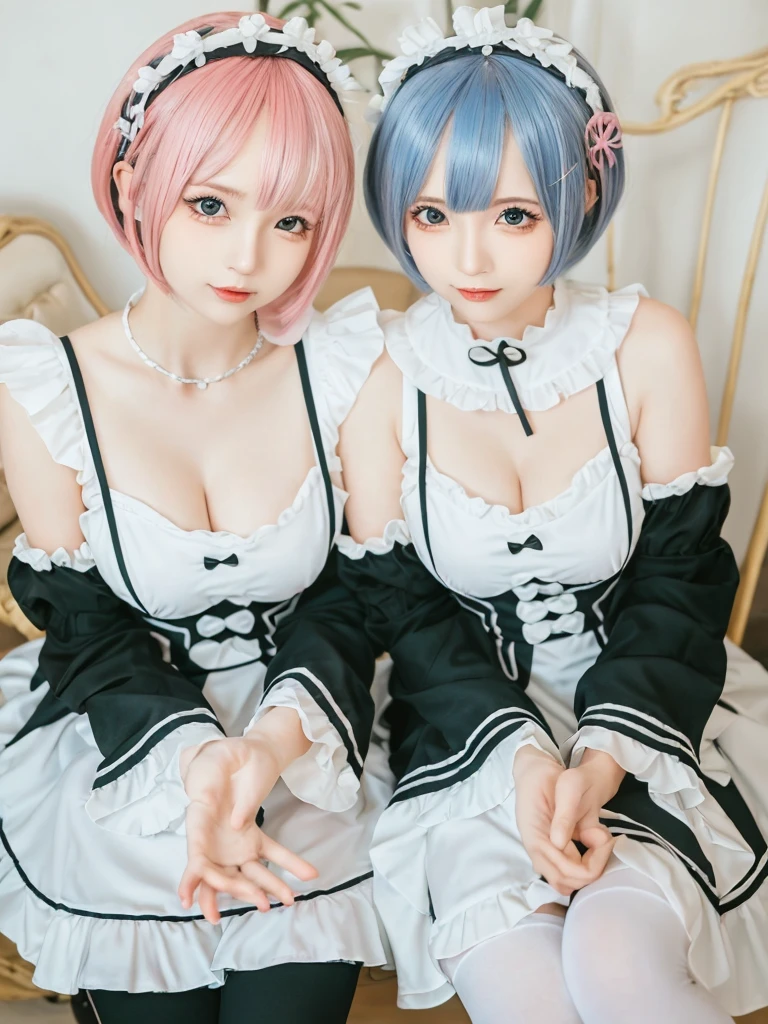 Accurate depiction with high resolution,(8K, Photorealistic, Raw photo, of the highest quality: 1.3), (1girl in), Super beautiful, (Realistic face), (boyish, pink Color Berry Shorthair), Beautiful , Glare that captivates the viewer, Beautiful expression, Beautiful breasts, (Realistic skin), Be...Create a detailed and colorful image of Ram and Rem from Re:Zero, standing back-to-back in their maid outfits, with a magical fantasy background、14years old, two girls,cute, perfect face, beautiful, nice body, gothic lolita clothes, gothic lolita fashion, frilly skirt, headdress, necklace, bracelet, knee-high socks, boots, double eyelids, tear bags, Detailed down to the fingers, photo-like description, indoors, dim indoor lighting, one girl is pink hair and short bob, another girl is light blue hair and short bob,standing,whole body, composition that shows the whole body, smiling,The Both of them are wearing the same type of maid outfit,Optimal ratio of 4 fingers and 1 thumb