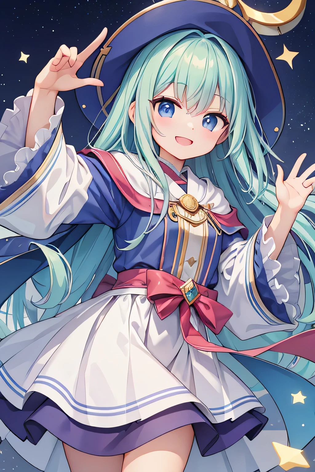 highest quality、smile、Wizard's Hat、Wizard's Clothes、Wizard's wand、Long silver hair、Urban area