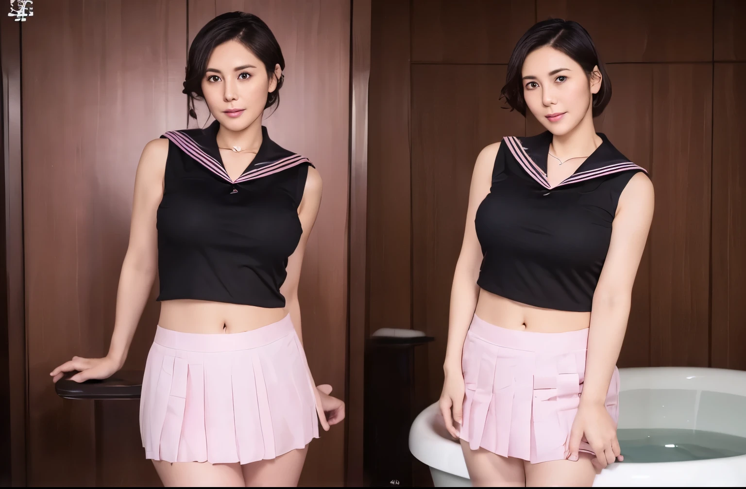 stand far away, (((Dark Lighting))), (masterpiece, highest quality:1.2), photo realistic, (((Very large pink bathroom with one large bathtub ))), One MILF stand side by side, Elegant temperament, Full body image of 60 old Japanese lady, facial wrinkles, extra detailed face, stand upright, facing the center of the screen, Pose that shows your belly button, Highly detailed eyes, ((Sleeveless and see-through sailor suits)), (very short See-through pleated skirt), (((black collar))), big and round hips, sensual body, huge breasts :1.5, and saggy breasts:1.5, curvy hourglass figure, beautiful long hair, (((Perfect Anatomy)))