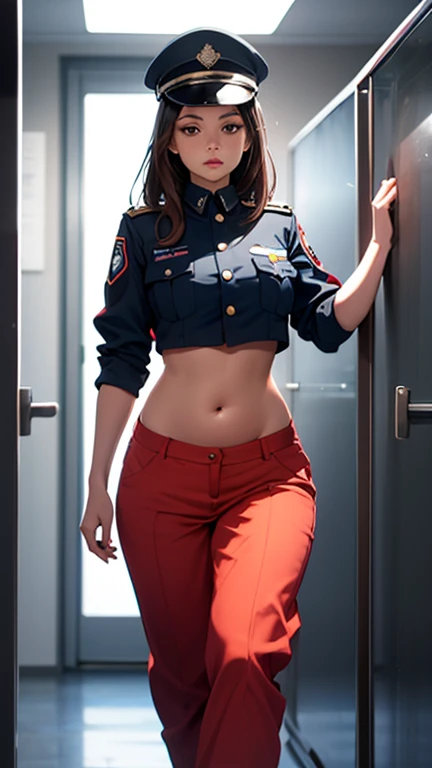 Woman in prison, crop top warden uniform, open navel, open belly, low rise, 35 year old, military helmet, walking around the prison , pants