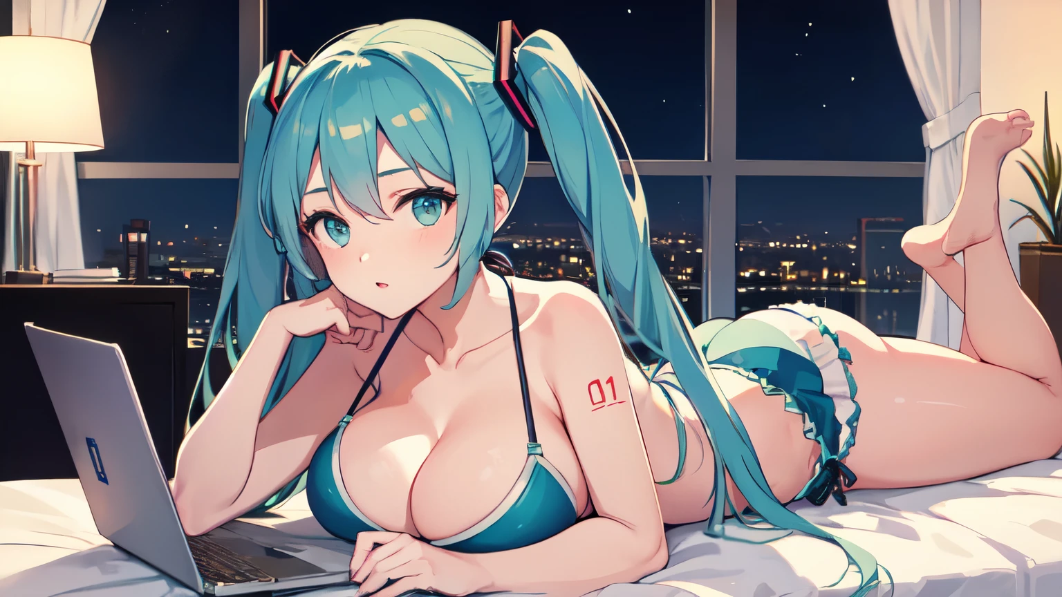 Lying on the bed、Studying on a laptop、Hatsune Miku in a bikini、Large Breasts、Beautiful night view outside the window