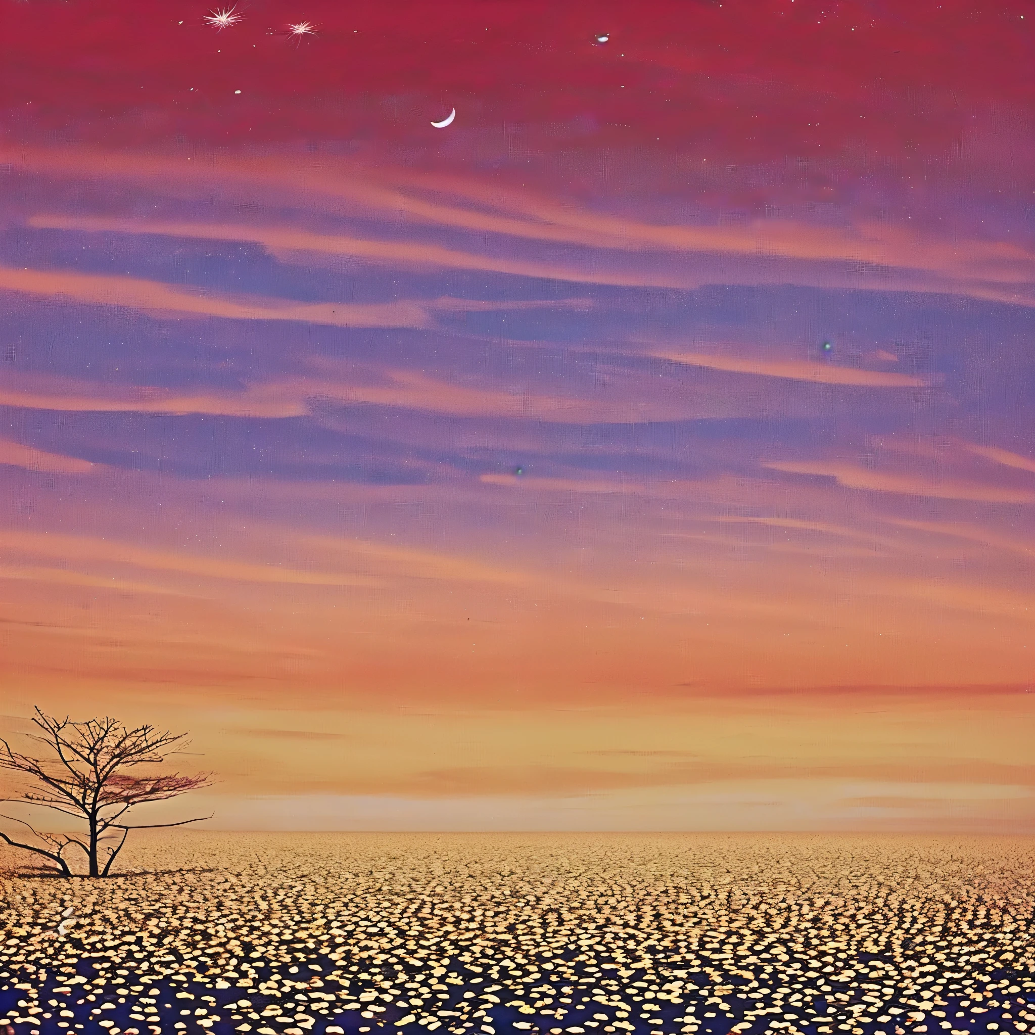 This world is like a dream。A huge moon floating on the water、Shining far away in the sky。The sky is orange、The stars are shining。The ground is a soft pink color、Strange flowers and oddly shaped rocks are scattered around.。In the distance, strange plants and buildings I've never seen before stand out.、A mysterious scene is unfolding。Create an image that represents this dream world.。