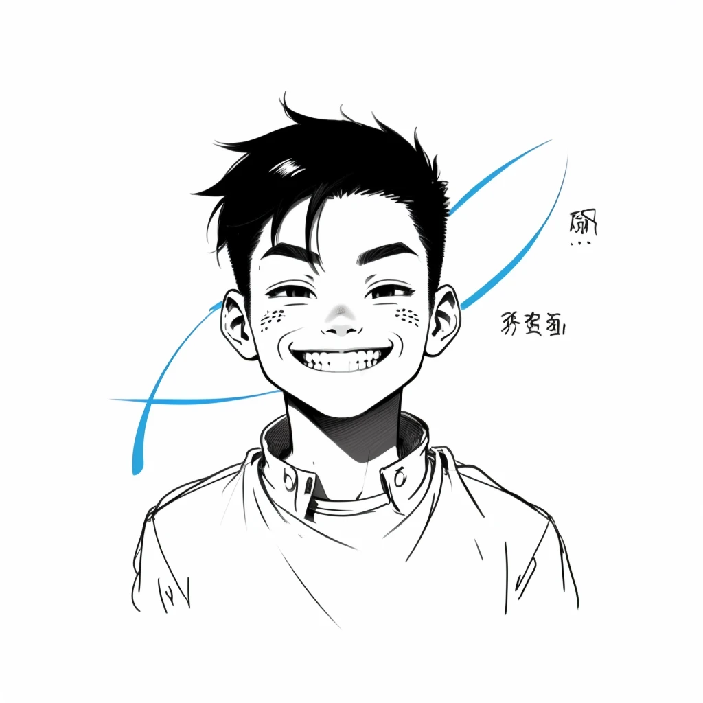 Cartoon image of a boy with a smirk, My character portrait, My character concept portrait, Simple cartoon style, A cute and slightly ruffian smile, Cartoon Portrait, A bit of a scoundrel smile, 2d portrait, Eyes looking forward，Without glasses，Portrait, Inspired by Ryan Yee, Half-length portrait, Portraits, Spiritual inspiration comes from Goro Fujita, Inspired by Jason Chan, Line art portrait，Hairstyle differential front stab three-dimensional effect，Handsome