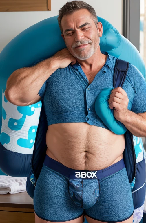 plump, chubby, extremely thick thighs, large belly.muito barbudo. 56 anos.apana 1 umbigo. Barriga detalhada. sorriso pretensioso, Sorriso Sedutor, Peito peludo, copos,Inside the office,(printed boxer shorts, blue pattern long sleeping bags:1.4), (camisa branca aberta desabotoado:1.5),(gravata longa solta:1.2). Tronco e peitoral masculino cabeludo a amostra Para o expectador , Camisa social branca aberta. Camisa social desabotoado. Short de dormir.