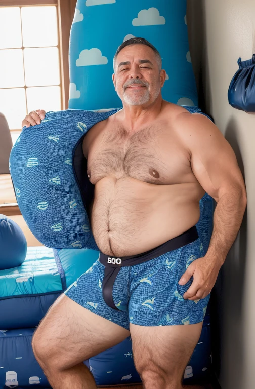 plump, chubby, extremely thick thighs, large belly.muito barbudo. 56 anos.apana 1 umbigo. Barriga detalhada. sorriso pretensioso, Sorriso Sedutor, Peito peludo, copos,Inside the office,(printed boxer shorts, blue pattern long sleeping bags:1.4), (camisa branca aberta desabotoado:1.5),(gravata longa  solta:1.2). Tronco e peitoral masculino cabeludo a amostra Para o expectador , Camisa social branca aberta. Camisa social desabotoado. Short de dormir.