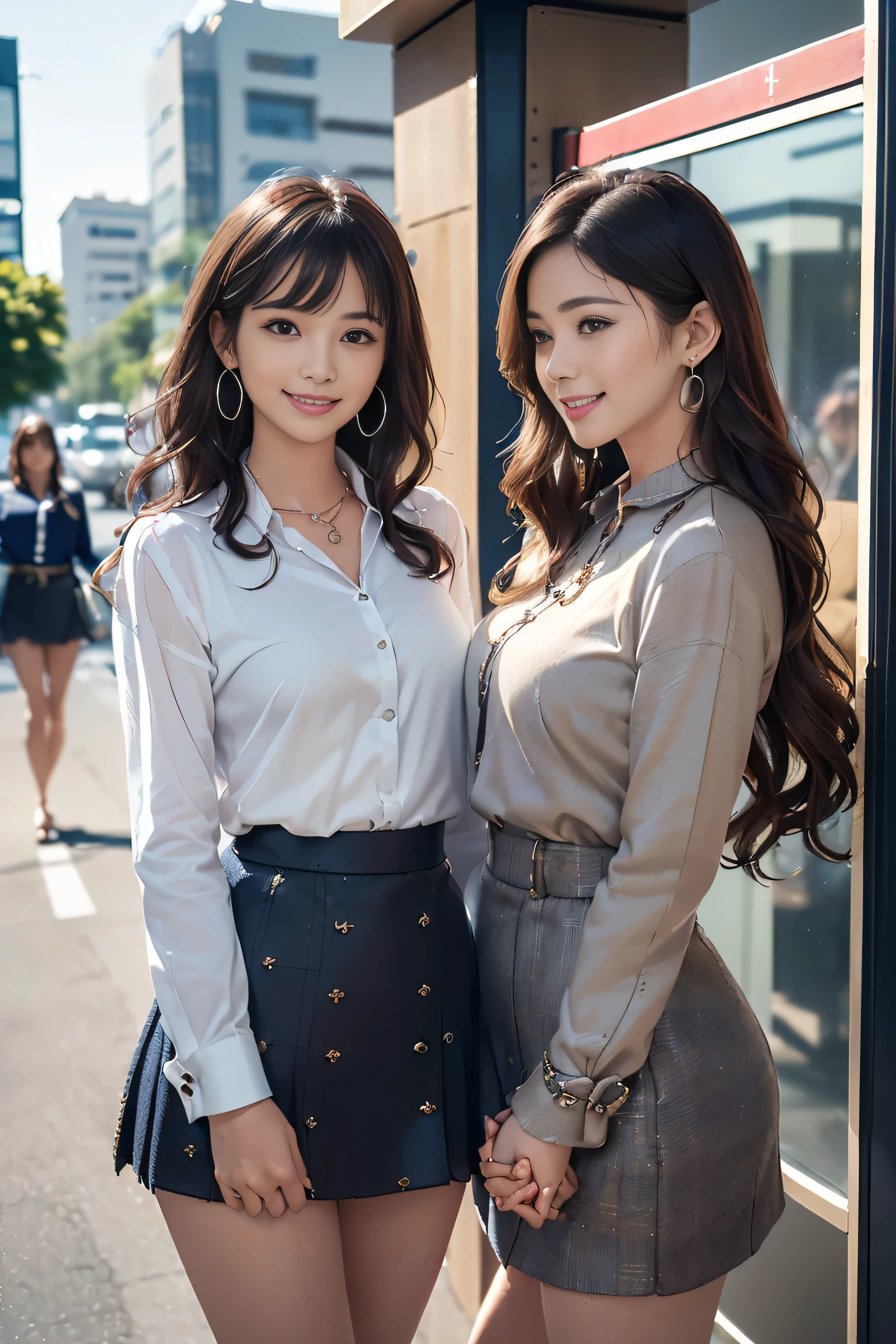 (highest quality, masterpiece, Photorealistic, Very detailed, Ultra-high resolution, to be born:1.3), (Three Girls:1.6, beautiful, Japanese, mature, 28yo, Office workers, (Close bonds, Short skirt), ({money| Silver| wine-red| navy| pink| yellow} Clothes), (smile), (bangs), high waist, necklace,(Long legs, High heels, whole body:1.2), (Big Breasts:1.3), (crowd)((((White long sleeve buttoned collared blouse_Brown tweed mini skirt:1.3)),,((Super long brown hair:1.2))((Hair with loose inward waves:1.2)),((shy smile:1.3)),((Money Necklace＿Big earrings:1.2)),Long straight hair_Hair reaching down to the waist、((Place your left hand gently on your chin，right hand holding chest:1.3))、((at the intersection:1.4))