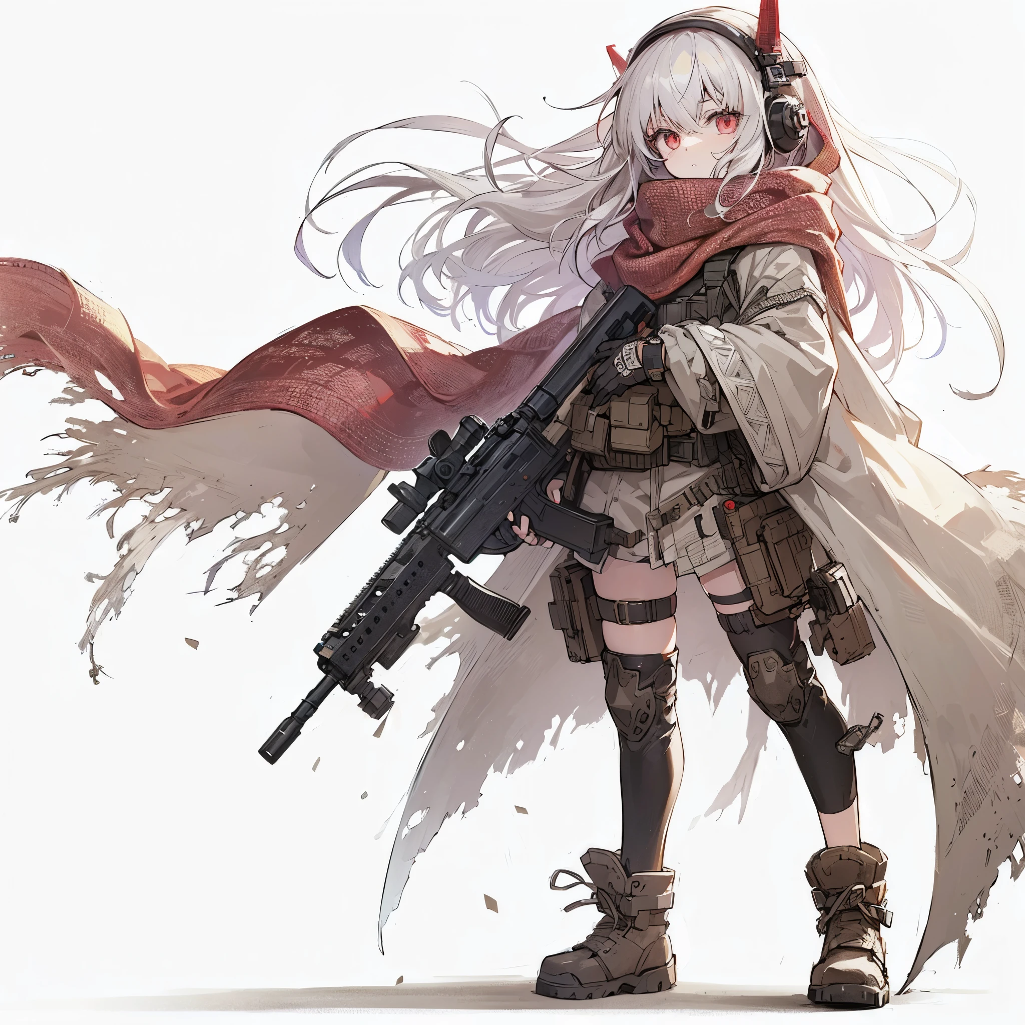 (Masterpiece, top quality), (detailed hair), super detailed, anime style, full body, solo, cyberpunk gunslinger girl, big and cute head kerchief, full body covered in rags, wanderer outfit, white hair red eyes, small stature, wearing long boots, holding a short machine gun with both hands. digital painting, 8K hi-res, trending art station, white background, whole body, standing wasteland