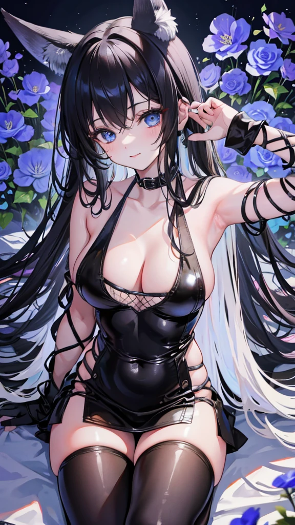 1 girl、kiss,Fox ears,Close-up of face,(8k、Highest image quality、best quality、masterpiece)、The whole body is wrapped in black tights,White flower tiara,Black gloves,Black stockings,slim,Large ,Extremely detailed facial details, handcuffs,collar,Calm expression,Red lips,sweet smile,Black long hair, Attractive blue eyes, Fox ears, Ridiculously big, glowing skin,forest,Flowers,Sitting in a sea of flowers,Grand scene