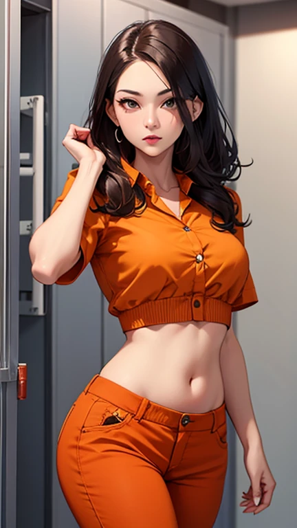 Woman in prison, crop top orange button shirt, orange pants, open navel, open belly, low rise, 35 year old,