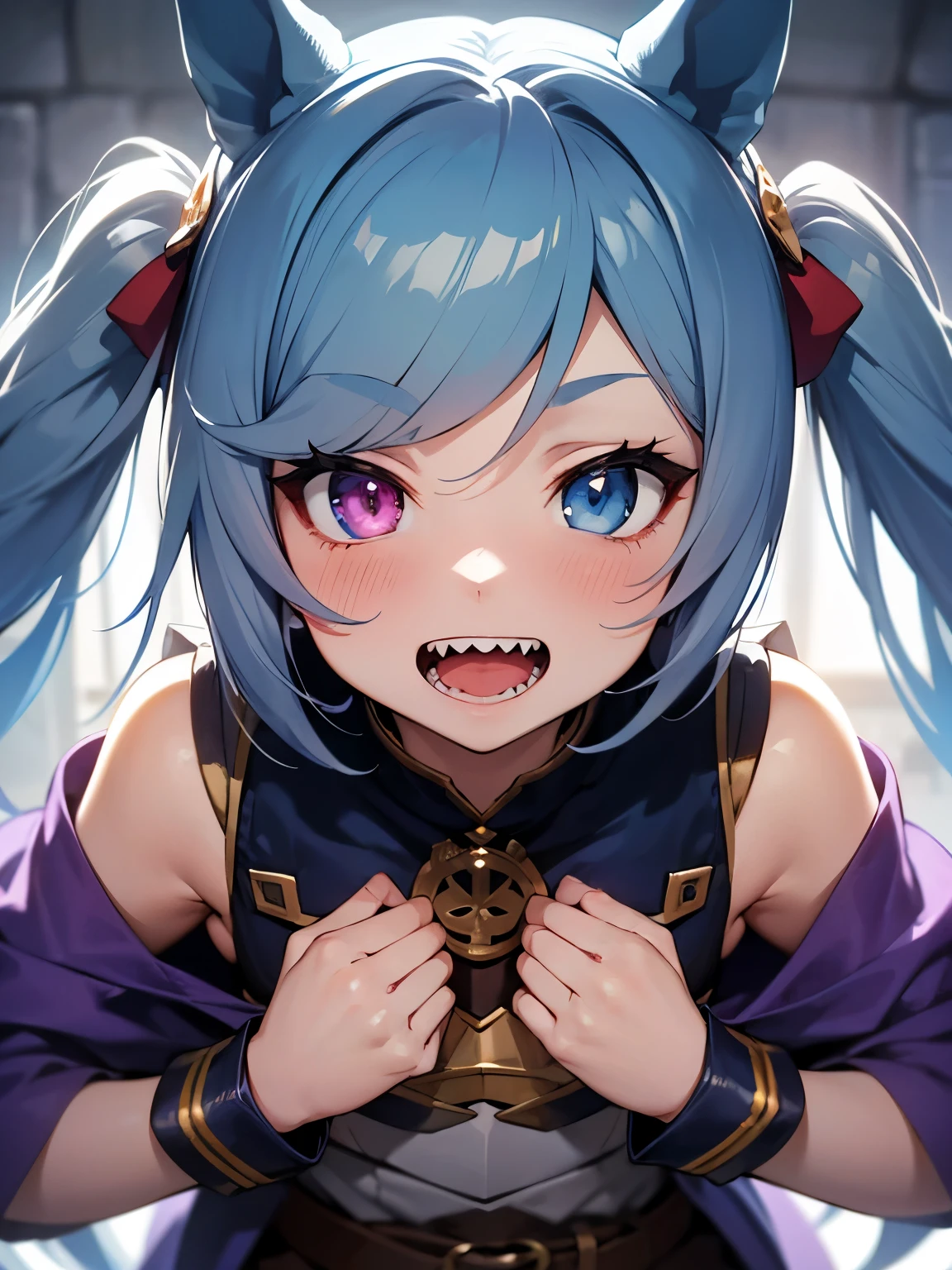 NSFW,Twin_Turbo_Umamusume、Light blue hair、Twin tails、Heterochromia、Purple Eyes、blue eyes、Sharp teeth,(Fantasy:1.5),Adventurer&#39;s Clothes,(Perfect hands),(Perfect Anatomy),(masterpiece),(highest quality),Love Hotel at Night,bedroom,One man,Having sex,Embarrassed,blush,In heat,A wistful look,I feel pleasure,(orgasm:1.3),(Cheating on you:1.3),Having sex,Creampie,Wide-eyed,Cross-eyed,sex slave