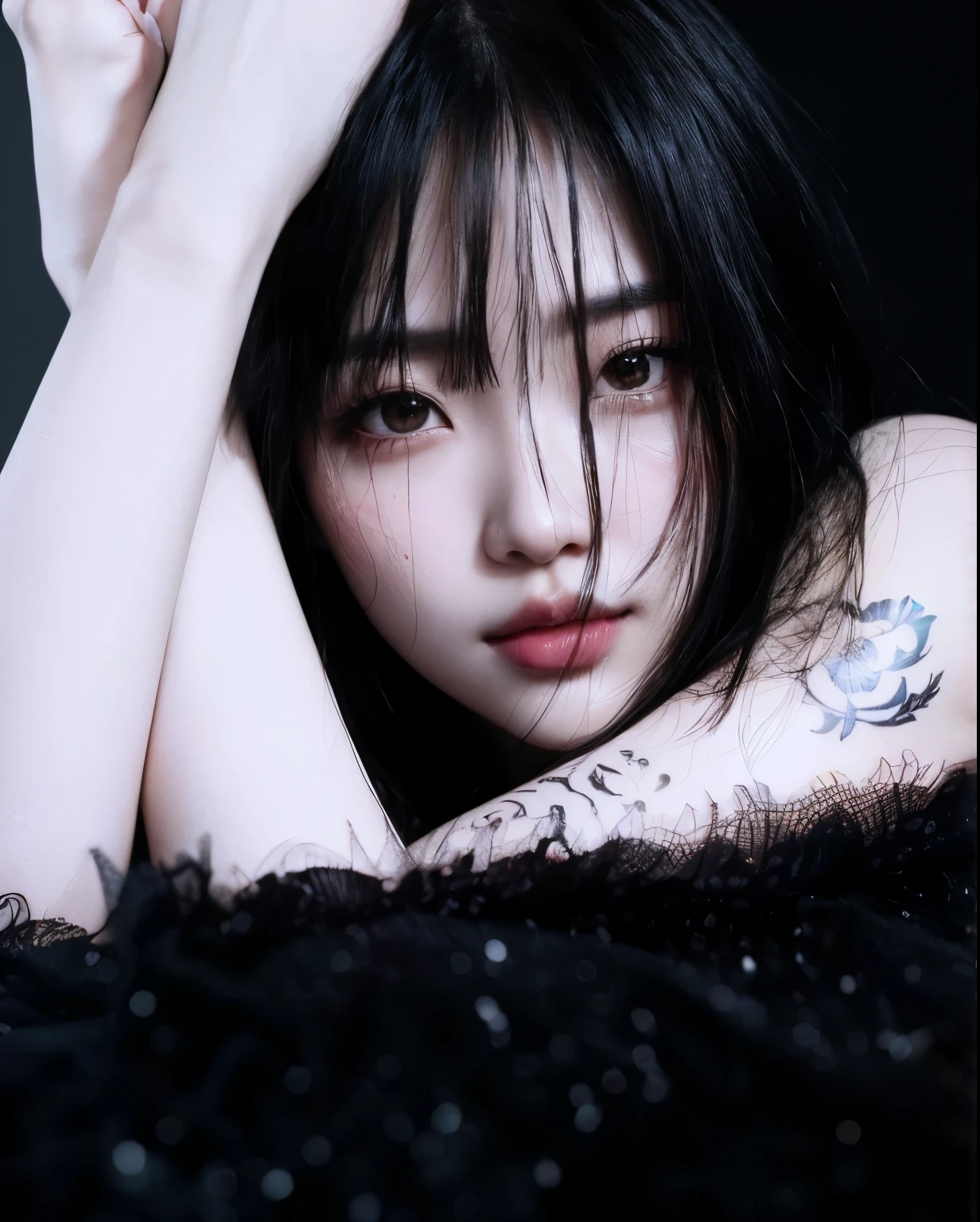 Mujer arafed con un tatuaje en el brazo y el brazo apoyado sobre una manta negra., shikami, iu lee ji-eun como supervillano, retrato de jossi de blackpink, jinyoung shin, ulzzang, kanliu666, ella tiene el pelo negro con flequillo, Inspirado por Ma Yuanyu, capturado en canon eos r 6, Jennie rosa negra