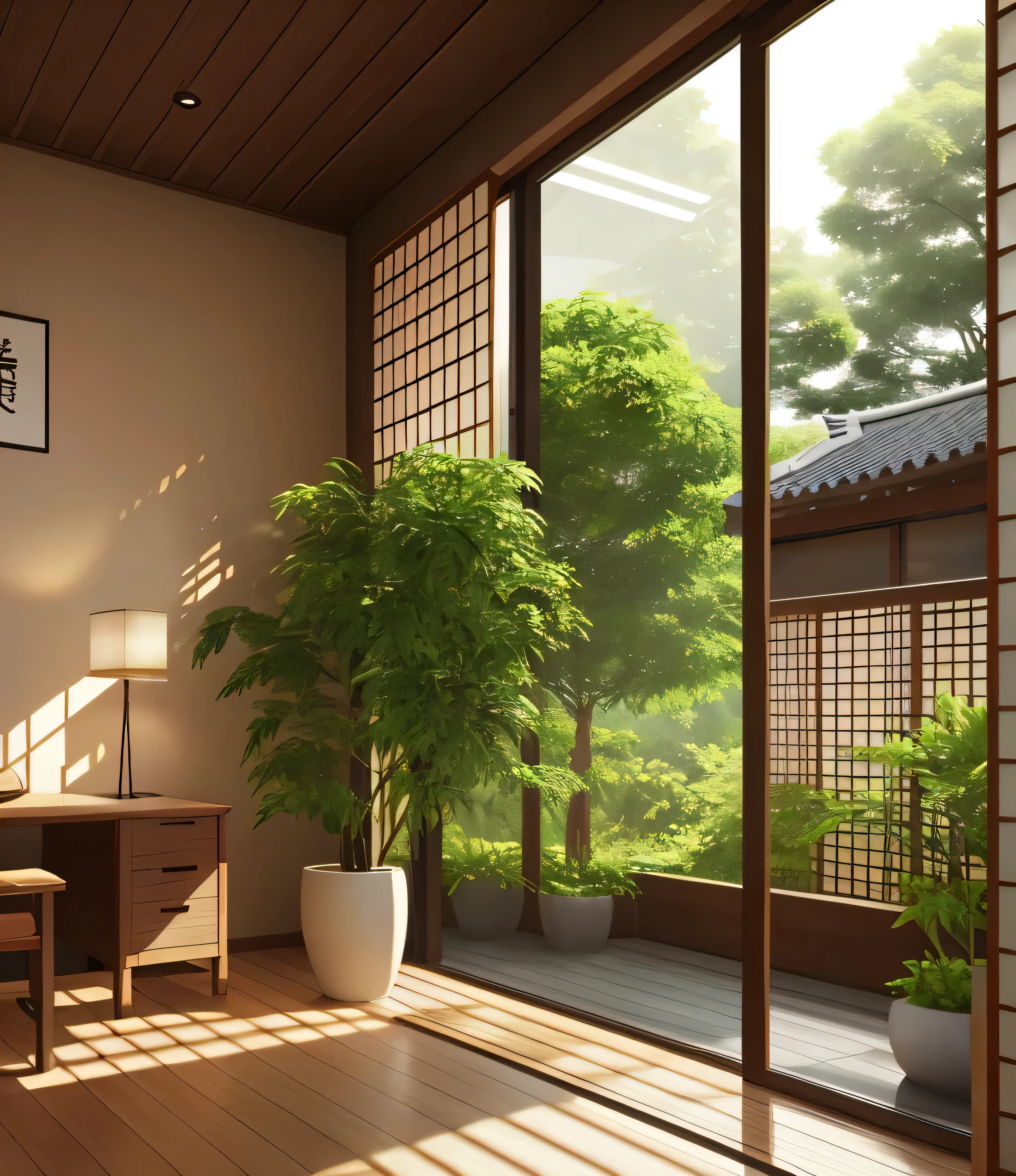 16:9, 3D, office scene, greenery, Japanese log style, natural light, soft lights, Tyndall effect, Corona Render --q 2 --v 5