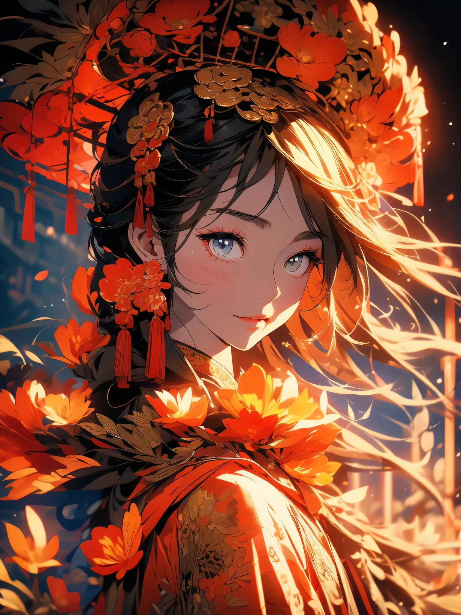 Illustrate a scene of a 27-year-old girl wearing a Chinese fantasy robe sleeping on grass at nighttime. Include flowers in the background. Use a colorful palette and incorporate elements of Chinese martial art into the style, resembling Donghua animation.