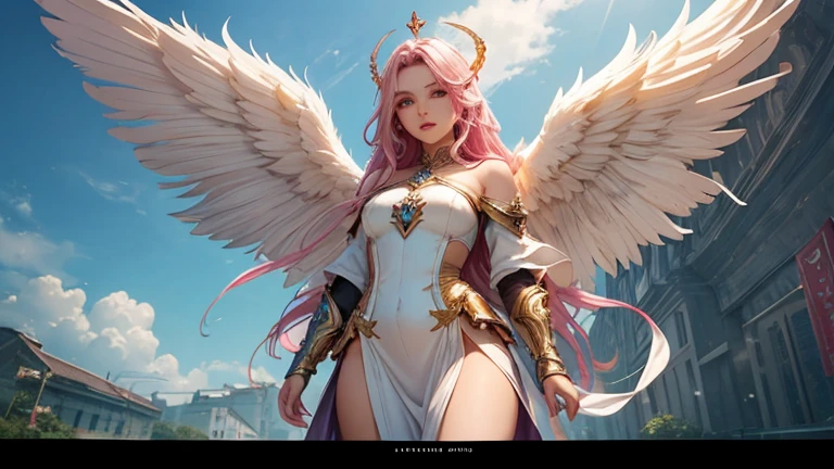 surrealism, High detail, Cinematic lighting, Ray tracing, angle of view, Eye level shots, hyper HD, Masterpiece, Textured skin, 4K, Best quality Close-up of woman with skull on shoulder, Anjo majestoso de whole body, Girl Angel Knight, angel in plastic armor, tall female angel, Beautiful angel girl ciborgue, beautiful female priest, Cushart Krenz Womenswear Key Art, Seraph, Shadowverse character concept, goddess. Extremely high detail, ( ( Character Concept Art ) ), Alafi angel with golden wings walking on the street, Anjo majestoso de whole body, super Wide Angel, Wide Angel shot, Wide Angel, Epic Angel Wings, 电影goddesswhole body照, epic angle and pose, angelica, Thick, Warm, share, Beautiful angel girl, Beautiful Angel, Long distance shot of tall angel, foto gigante e impressionante da goddess, woman with pink hair, whole body, whole body, Looking at the camera, Gurwitz&#39;s styleless artwork, ! sonho Ategum, Louis van Baarle Ross, estilo de arte Realist, IG Model | Ategum, Rose Tran, Inspired by Rostland, estilo Ategum, Ategum e atey ghailan, Gilded alafi in front of building, Angel Golden Armor, unreal motor render Knights of the Zodiac, Deusa Durada Atena, Like a mysterious Valkyrie, Gorgeous role-playing, Deusa Grega Atena, usando Golden armor, 3 d goddess minerva, Knights of the Zodiac, - Moon jewelry on forehead, Angry expression, Sad expression, Sailor Moon, Golden armor,  ([Long hair]:1.8), (whole body:1.8), (站立whole body像:1.8), (Upper Body向上:0.3),portrait, , middle Ages, Classicism, Andrey Atroshenko-Estillo, painting, traditional media, Realist, Delicately symmetrical eyes, Detailed beautiful face, Figurative, fine art, 布面油painting, HDR, 8k, Original Characters, high resolution, high detail, Focus on the face, portrait, , middle Ages, Classicism, Andrey Atroshenko-Estillo, painting, traditional media, Realist, Delicately symmetrical eyes, Detailed beautiful face, Figurative, fine art, 布面油painting最好的质量, Huge breasts, 棕色Long hair, blue eyes, tight white dress, Sunset, Upper Body, Sexy, Angelic, Thin fabric, see through, Divine Light, Fluffy clouds,