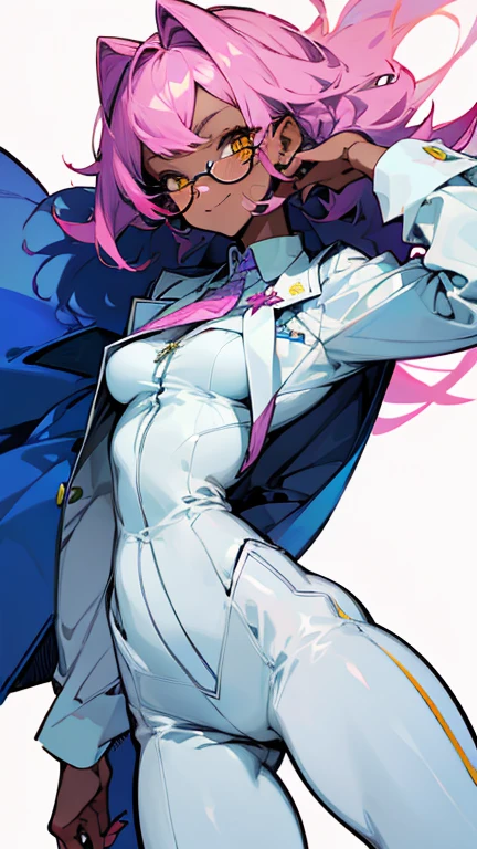 (highest quality、masterpiece:1.2) 1 Female、adult、((Dark skinned women、Hair over the ears)), light pink hair, blue hair, yellow Eyes、small Glasses、((tailored jacket, White shirt, pantsuit, casual)), (Malicious smile), sharp eye, underboob, little earring, hair that hangs down to the shoulders, hair of different lengths on the left and right sides, dynamic pose,