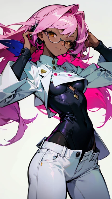(highest quality、masterpiece:1.2) 1 Female、adult、((Dark skinned women、Hair over the ears)), light pink hair, blue hair, yellow Eyes、small Glasses、((tailored jacket, White shirt, pantsuit, casual)), (Malicious smile), sharp eye, underboob, little earring, hair that hangs down to the shoulders, hair of different lengths on the left and right sides, dynamic pose,